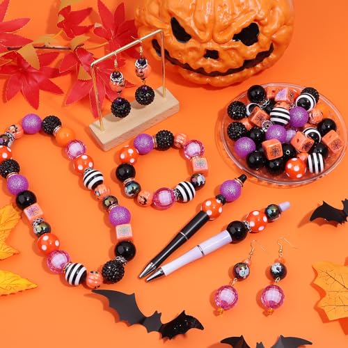 35 Pcs Chunky Bubblegum Beads 20mm Focal Pen Rhinestone Pearl with Rhinestone Large Hole European Spacer Beads for DIY Beadable Pens School Jewelry Making Keychain Craft Making(Hollowenn) - color: Happy Holloween