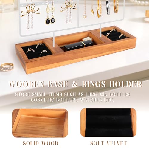 Jewelry Holder Organizer Stand, 4 Tier Earring Organizer with 84 Holes Ear Stud, Jewelry Display with Earring Necklace Bracelet Holder, Jewelry Organizer Holder with Wood Basic stand (White+Brown) - color: White+Brown