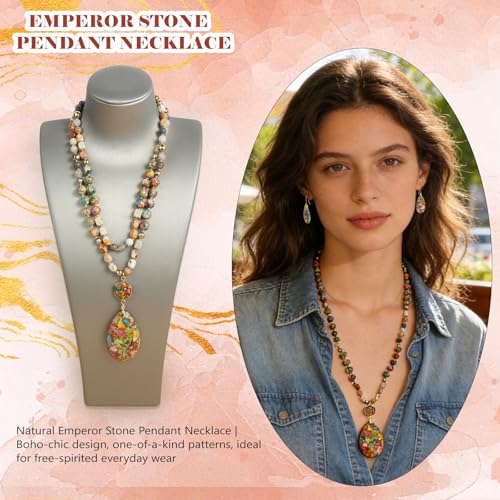 2 Pcs Boho Lapis Lazuli Jewelry Set for Women - Handmade Natural Stone Beaded Long Necklace with Oval Lapis Lazuli Pendant & Trapezoid Lapis Lazuli Earrings | Vintage Elegance | Ideal Gift for Her - style: Imperial Jasper Pendant