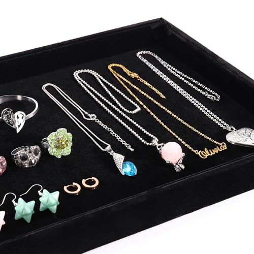 2 Pcs 13.8" x 9.5" Velvet Jewelry Tray Jewelry Display Tray, Stackable Empty Plate Trays for Earrings Necklaces Bracelet Rings Display Showcase - Black - color: Black, size: Flat Tray 13.8"x9.5"
