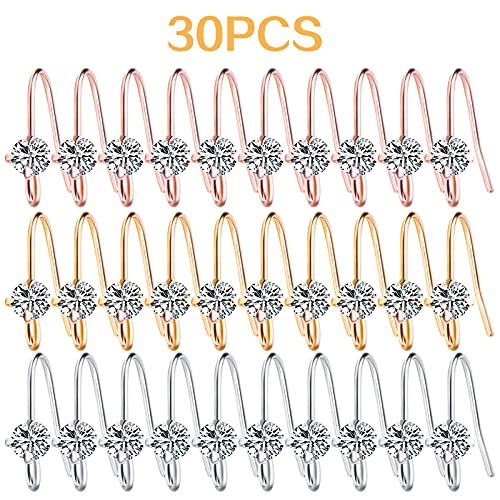 30pcs 3 Colors French Diamonds Earring Hooks Brass Ear Wire Fish Hook Earrings Hypo-allergenic Elegant Dangle Earrings for DIY Jewelry Crafts Making Wedding Prom - color: Silver/Gold/Rose Gold
