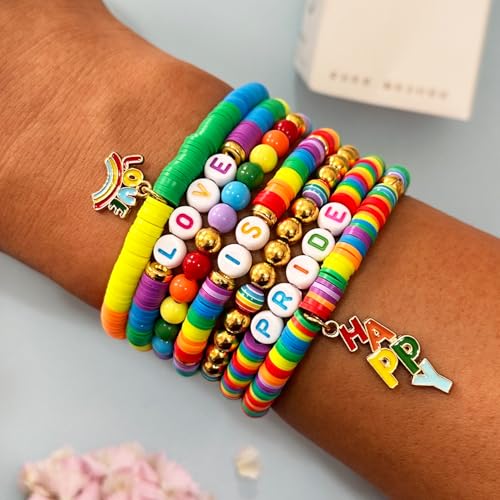 Pride Rainbow Clay Beads Bracelets Making Kit, Love is Love Beads Art DIY Craft Kit, Rainbow Color Jewelry Making Kit Party Supplies, Set of 1 Box