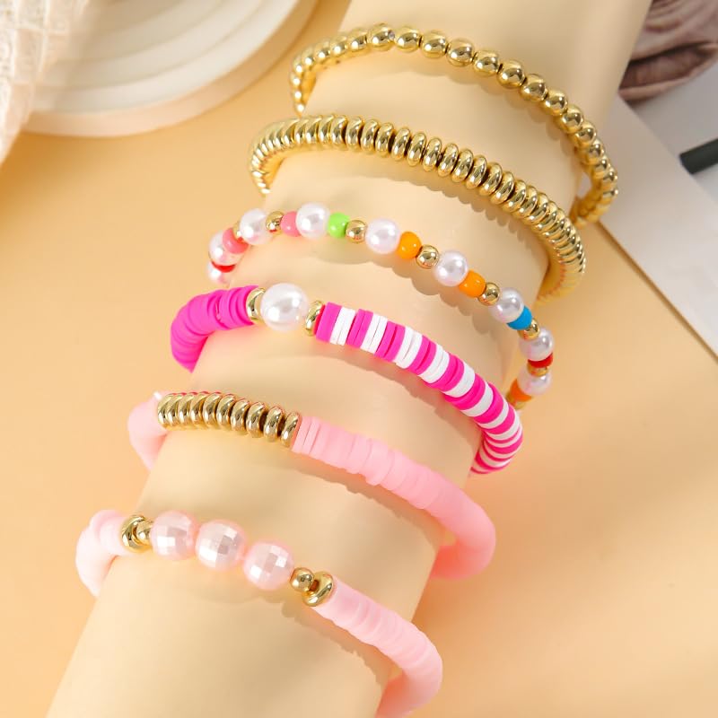 COLORFUL BLING 5-12Pcs Bohemian Love Heart Bead Bracelets for Women Vinyl Disc Heishi Surfer Stackable Stretch Bracelet Summer Beach Boho Jewelry - color: 6pcs pink pearl