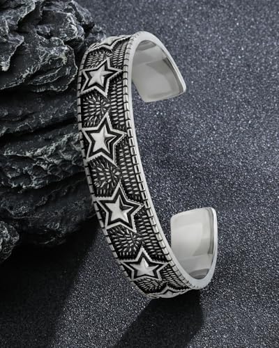 Stainless Steel Cuff Bracelet,Retro Gothic Punk Biker Cool Open Adjustable Cuff Bangle Bracelets Jewelry for Men Silver - style: Vintage Star