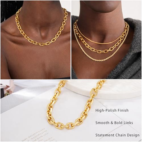 Gold Necklace for Women - Chunky 14K Gold Plated Chain Necklace Cuban Link Paperclip Chain Herringbone Statement Choker Necklace for Women Simple Trendy Jewelry Gifts - style: 10mm-paperclip chain-gd-1