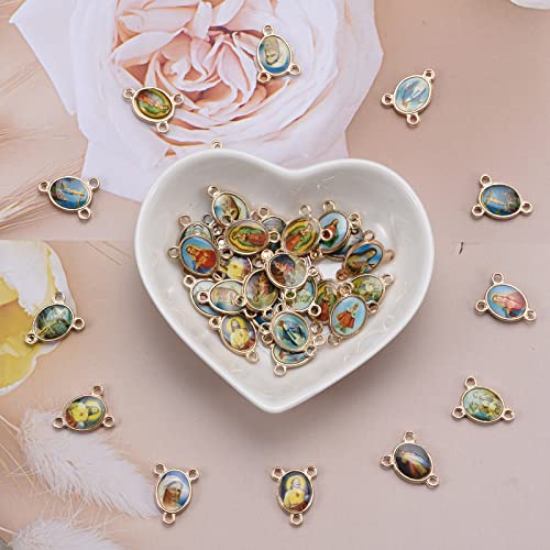 100pcs Mix Picture Enamel Gold Our Lady Miraculous Medal Floral Rosary Centerpiece Cross Jesus Virgin Mary Catholic Alloy Crucifix Charms for DIY Jewelry Making 12mmx16mm(A588)