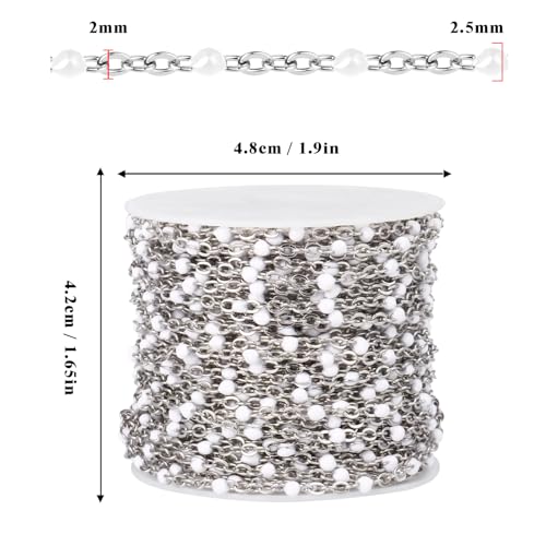 33 Feet Stainless Steel Enamel Chains Bulk, 2mm 304 Stainless Steel White Enamel Beaded Cable Link Chain Roll Spool for Jewelry Making - color: Stainless Steel White Beads