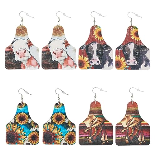 Elecrelive 4 Pairs Western Style Imitation Leather Earrings Beer Bottle Shape Pendants in Flower Cattle Cowboy Hat Pattern with 10pcs Plastic Ear Nuts for Boho Earring DIY Jewelry Making - color: Western Style-4