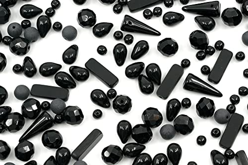 2.1oz (60g) of Glass Bead Mix with Drops, Table-Cut and fire Polish Czech Beads, Glossy & Matte Black - color: Black