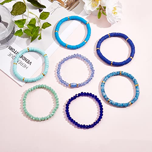 Ornaland 7Pcs Handmade Polymer Clay Heishi Surfer Stretch Bracelets Set Colorful Glass Beads Bracelets Boho Stackable Preppy Bracelets Wrist Jewelry for Women - color: Blue
