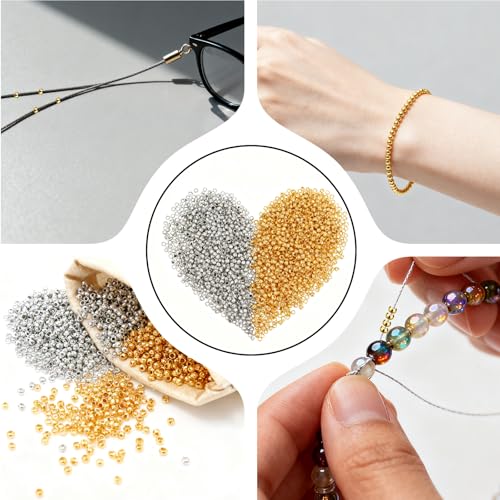 4000 Pcs 2mm Crimp Beads Metal Round Crimp Beads Smooth Gold Silver Bead Metal Clamp Ends Tiny Stoppers Bead for DIY Bracelet Necklace Earring (Gold and Silver)