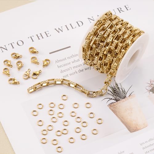 SMYHTGLIF 9.8 Feet Embossed Gold Box Chain for Jewelry Making Stainless Steel Chain Bulk Roll Square Paperclip Link Jewelry Findings - color: Box Gold