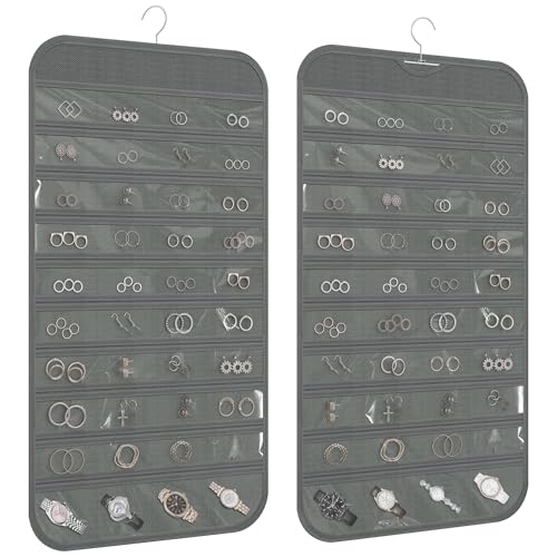 1 Pack Hanging Jewelry Organizer 80-Pocket Dual-sided Jewelry Storage for Earring Necklace Bracelet Ring Travel Holder, Gray - color: Gray