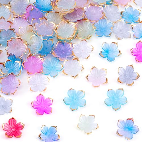 100pcs Cherry Blossom Beads, 5-Petal Acrylic Flower Beads with Gold Beads, Mini Spacer Hair Accessories Halloween Christmas for Bracelets Earring Jewelry Making- Colorful - color: Colorful-100pcs