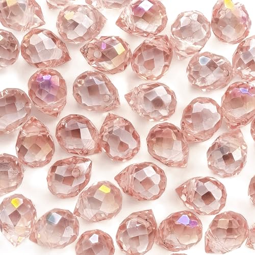 100pcs Holographic Pink Faceted Crystal Glass Beads 8x10mm, Shiny Teardrop Glass Beads for Jewelry Making, Crystal Beads for Bracelet Necklace Earring DIY Craft - color: Water Pink