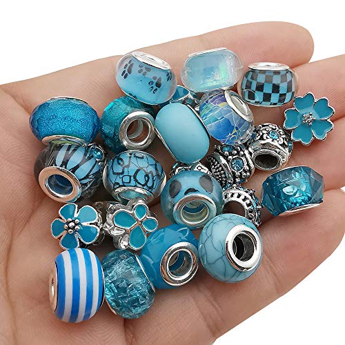 50pcs Assorted Blue Resin Imitation Glass European Large Hole Beads Rhinestone Metal Spacer Charms Bead Assortments for DIY Crafts Bracelets Necklaces Jewelry Making (M571-Lake Blue) - color: Lake Blue