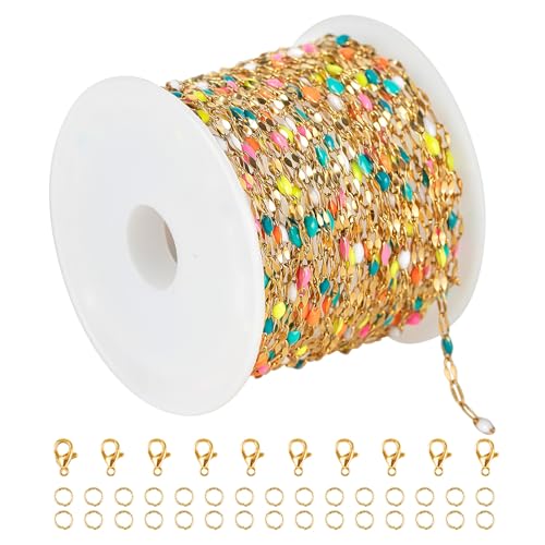 UMAOKANG 16.4ft/5m Gold Plated Stainless Steel Chains Bulk Mixed Color Enamel Bead Chain Spool for Jewelry Making with Jump Rings and Lobster Clasps - color: Gold-Multicolored 1(yellow blue)
