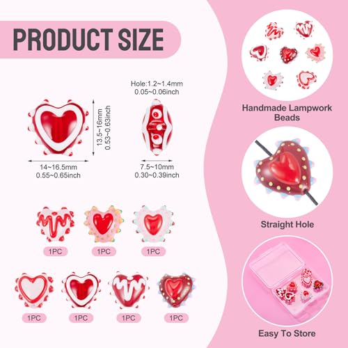 Beadthoven 7Pcs Bumpy Heart Lampwork Glass Beads Red Heart Shaped Glass Crystal Bead Charm Handmade Valentines Love Crystal Bead for Jewelry Making Bracelet Earrings Ornaments DIY Supplies - color: Heart Red