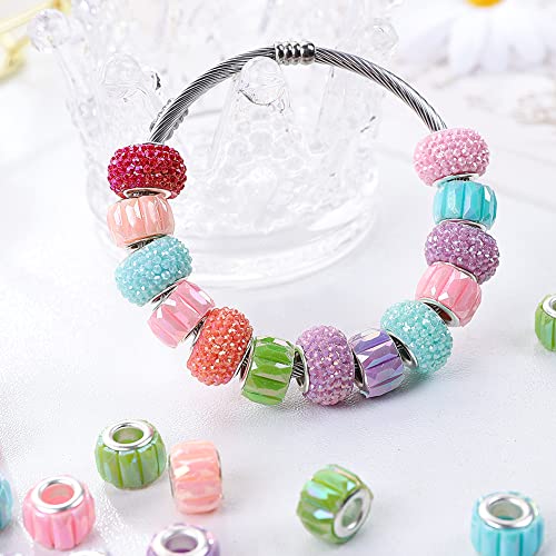 100 Pieces 14mm European Large Hole Spacer Beads Mix Color with Silver Brass Cores Assortments Charm Lampwork Beads Supplies for Necklace Bracelets Jewelry Making (Opaque Baguette Diamonds) - color: Opaque baguette diamonds