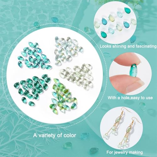 AHANDMAKER 100 Pcs Teardrop Czech Glass Beads, 5 Colors Transparent Crystal Beads with Glitter Water Drop Loose Pendants Beads for DIY Necklace Earring Bracelet Jewelry Making, Blue&Green