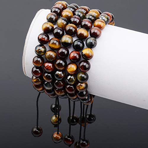MASSIVE BEADS Natural Healing Power Gemstone Crystal Beads Unisex Adjustable Macrame Bracelets - color: Multi-Color Tiger Eye, size: 8mm
