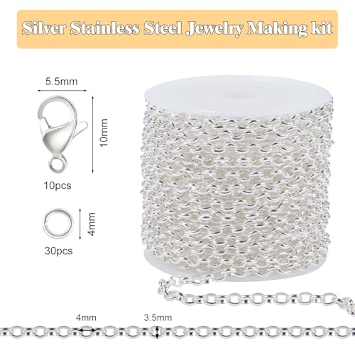 GTVOODX 16.4Feet Silver Chain for Jewelry Making Stainless Steel Rolo Link Cable Chains Bulk for Necklace Jewelry Accessories DIY Making - color: Silver Rolo Chains