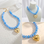Gold Heart Pendant Necklaces for Women Colorful Acrylic Resin Beaded Choker Necklace Fashion Chunky Statement Beaded Heart Necklace - color: Light blue