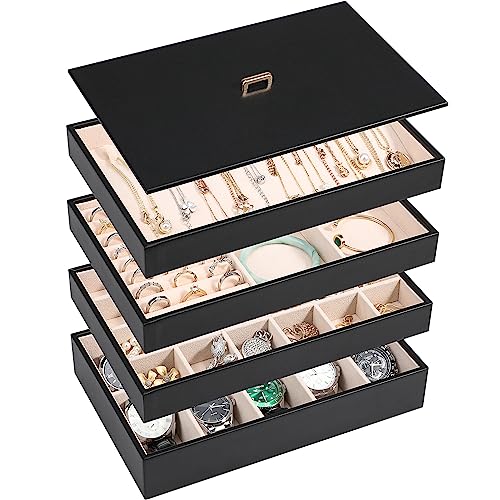 Voova Stackable Jewelry Organizer Tray with Lid, PU Leather Jewelry Storage Holder for Drawer Inserts, Jewellery Display Box Case for Earring Necklace Ring Watch Bracelet (Set of 4, Black) - color: Black