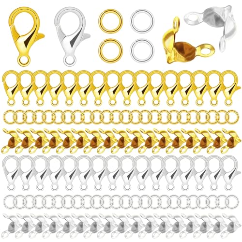 1350 Pieces Jewelry Making Accessories Set Includes 800 Pieces Open Jump Ring Connectors 400 Pieces Bead Tips Knot Covers and 150 Pieces Lobster Claw Clasps for Jewelry Making DIY (Gold & Silver) - color: Gold and Silver