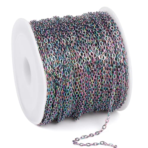 66 Feet Colorful Stainless Steel Cable Chains Bulk, 1.5 mm 304 Stainless Steel Multi Color Flat Cable Links Chain Roll Spool for Jewelry Making DIY Craft - color: Colorful, size: 1.5mm width
