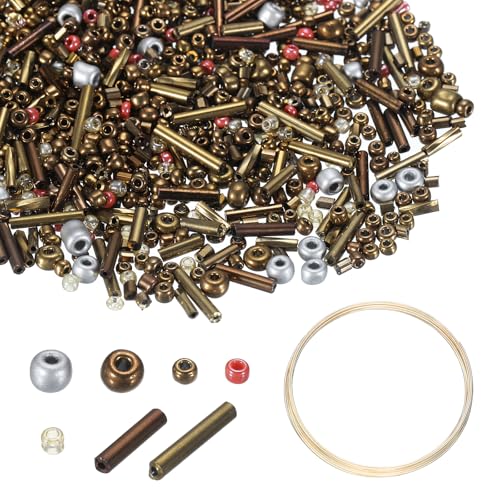 uxcell 3000pcs Glass Seed Beads, 1.5-4.5mm Small Embroidery Bugle Beads Assorted Tube Bead Loose Kit for Jewelry Making DIY Craft Beading Bracelets Necklace Earring (Bronze) - color: Bronze