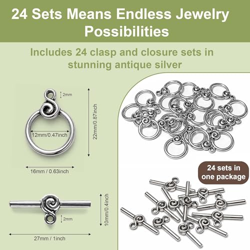 Heather's cf Toggle Jewelry Clasps – Durable Quality, Antique Swirling Silver Finish Toggle Clasps & Closures for Necklace, Bracelet & Charms – Ideal for DIY, & Jewelry Making – Medium (Set of 24) - color: Medium silver toggle clasp