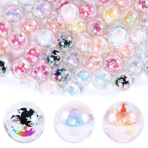 15Pcs Acrylic Beads Round 16mm UV Bead in Bead with Snowflake Print Fit for DIY Jewelry Bracelet Necklace Keychain Beadable Pens Mobile Phone Chain Making Cute (Snowflake-Mixed Color) - color: Snowflake-Mixed color
