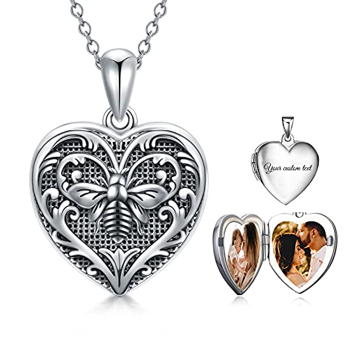 SOULMEET Personalized Silver Locket Necklace That Holds Pictures Photo Keep Someone Near to You, Memorial Custom Lockets Necklaces Letters Engraving for His Her - color: E-Bee-Black, style: Locket+Custom Photo+Engraved
