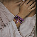 Vinswet Healing Crystal Beaded Bracelets for Women,Natural Amethyst Gemstones Bracelet,Anxiety Stress Relief Heart Charm Bracelet Handmade purple Jewelry Gifts for Women - color: Amethyst&Black Agate
