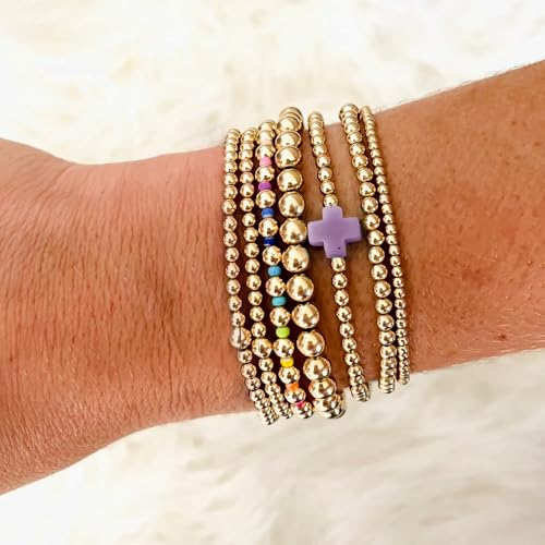 14K Gold Beaded Cross Beaded Bracelet Stack Set for Women,7PCS Bohemian Colorful Beads Ball Stretch Stackable Bracelets Trendy Holiday Birthday Gift - color: Purple