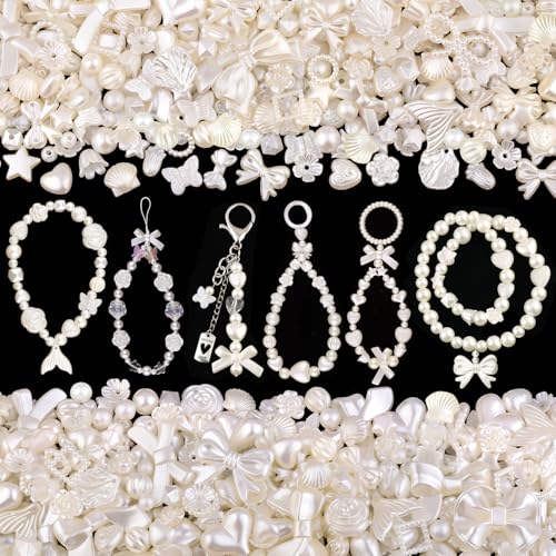 270-320PCS TINKRSTUFF Assorted Acrylic Beads,ABS Imitation Pearl Beads Cute Beads for Bracelet Making, Bow Kawaii Charms, Aesthetic Bead for Necklace Keychain Jewelry Making DIY Keychain Phone Charm - color: Ivory