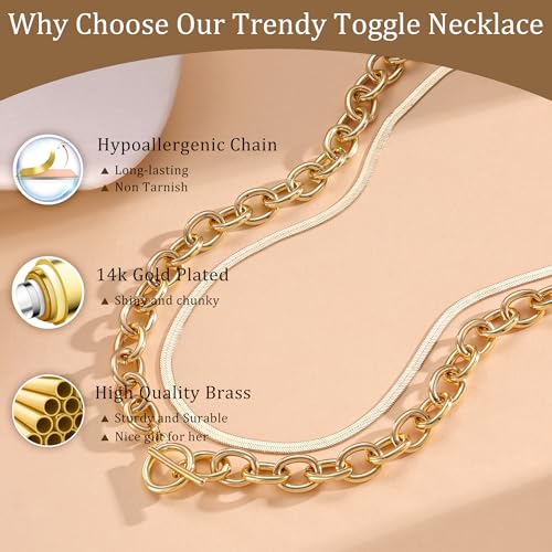 CHESKY 14K Gold Plated Chunky Necklace for Women, Trendy Paperclip Chain Necklace Thick Cross Heart Pendant Necklace Layered Herringbone Cuban Link Chain Toggle Necklaces Non Tarnish Jewelry - color: gold, style: paperclip+herringbone