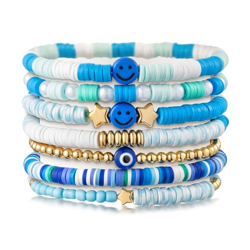 LieToi Preppy Heishi Bracelets Set Colorful White Gold Smile Heart Star Evil Eye Beaded Polymer Clay Pearl Stackable Charm Y2K Kidcore Summer Beach Bohemian Layering Bracelets Jewelry for Women Girls Teens - color: R-7Pcs-Blue Spot