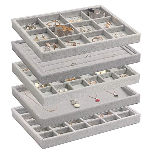 DIOMMELL 5 Pack Stackable Velvet Jewelry Trays Organizer, Jewelry Display Storage Box Showcase Holder Dresser Drawer Organizer for Earring Necklace Bracelet Ring Accessary, Grey