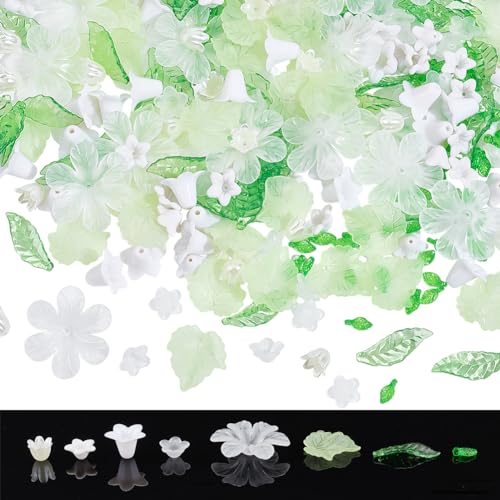 NBEADS 300 Pcs Acrylic Assorted Beads Kit, 1-2mm Hole Acrylic Flower and Leaf Beads DIY Jewelry Beads Caps ABS Plastic Pearl Beads for Bracelet Necklace Jewelry Making, Green - color: Green