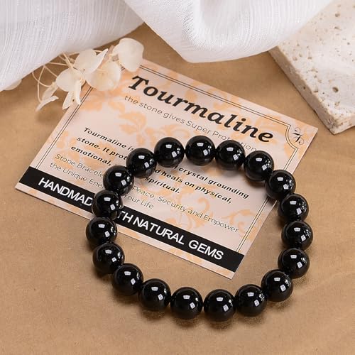 MASSIVE BEADS Handmade Yoga Stretch Elastic Bracelet Natural Stone Crystal Healing Power Energy Gifts for Unisex Adult 4mm 6mm 8mm 10mm - color: Black Tourmaline(Super Protection), size: 10mm