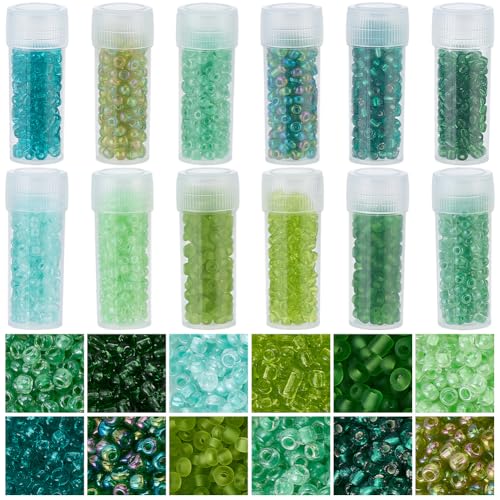 SUNNYCLUE 12 Jars 120G 3mm Seed Beads Glass Seed Bead Blue Green Glassy Crystal Round 8/0 Waist Friendship Loose Spacer for Crafts Jewelry Making Supplies Bracelets Necklaces DIY Findings Women Adult - color: Green, size: 3mm
