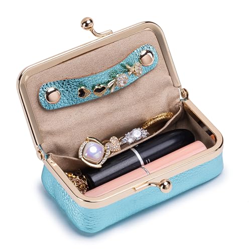 Genuine Leather Travel Jewelry Box, Mini Jewelry Organizer Case with Mirror for Women, Small Lipstick Bag for Purse, Cute Portable Gift for Her women giril (Blue, B) - color: Blue, size: B