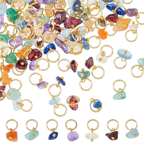 SUPERFINDINGS 84Pcs 7 Colors Natural Stone Pendants Mixed Gemstone Charms with Light Gold Stainless Steel Jump Ring Mixed Color Dangle Charms for Earring Necklace Bracelet Jewelry Making 14mm - color: Golden