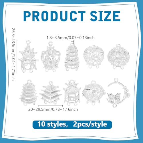 PH PandaHall 20pcs 10 Styles 3D Chandelier Component Links Charms, Silver Building Pendant Charm Earring Chandelier Filigree Pendants Hollow 3D Connector Settings for DIY Craft Jewelry Making