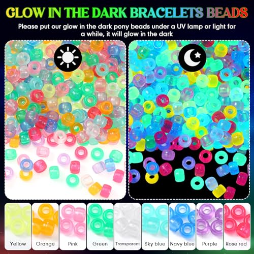 Jexine 10500 Pcs Pony Beads Bulk Plastic Beads for Bracelet Making Hair Braids DIY Necklace Jewelry Making Gifts for Christmas (Round,Glow) - color: Glow, style: Round