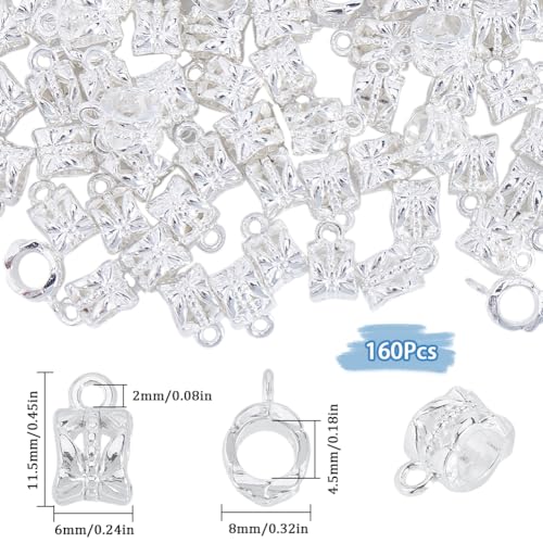 1 Box 160Pcs Bail Tube Beads Silver Bail Bead Bulk Textured Tibetan Alloy Tube with Loop Connector Pendant Links Charms Hanger Spacer for Jewelry Making Bracelets Earrings DIY Crafts - color: Silver