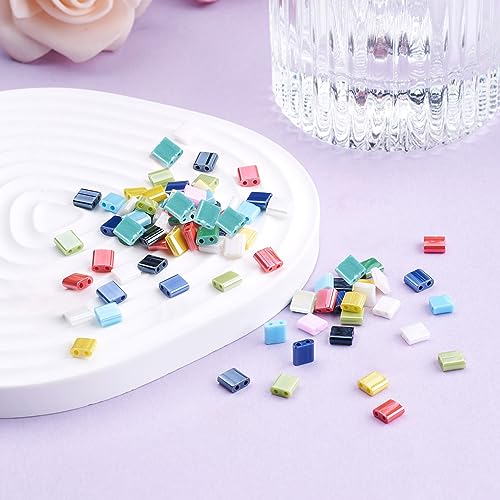 500 Pcs Glass Square Tila Beads - 5mm, 10 Colors, 2 Hole Spacer Beads with Flat Back Cabochons for Jewelry Making - color: 10 Colors-Opaque & Lustered