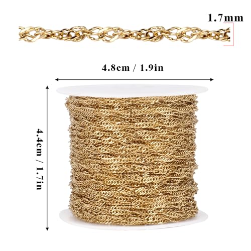 33 Feet 18K Gold PVD Plated Singapore Chains Roll, 1.7mm Width 304 Stainless Steel Gold Twisted Link Chain Bulk Spool for Jewelry Making DIY Craft - color: 1.7MM Gold Color